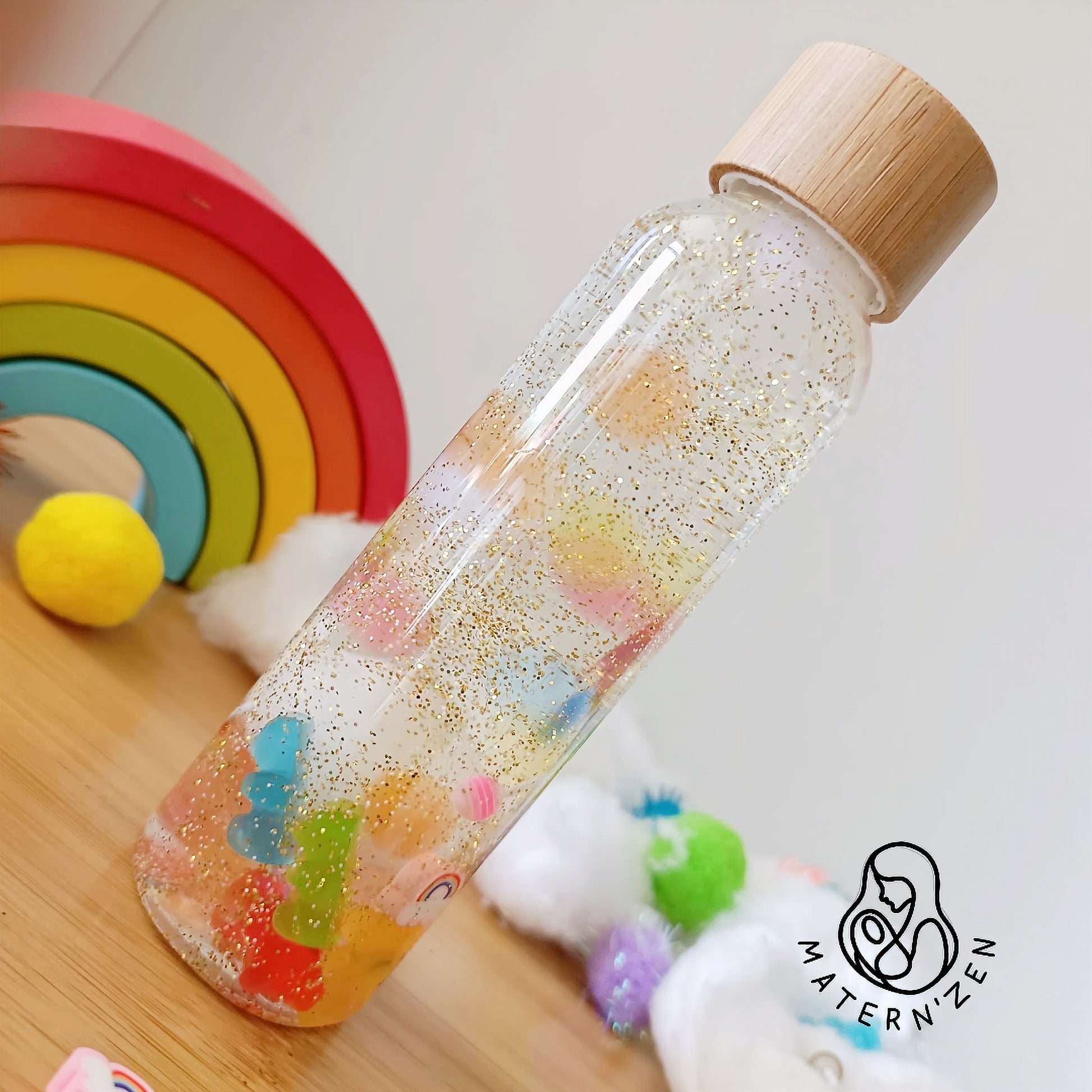 Botella Sensorial Líquida Purpurina Pastel – Maternzen