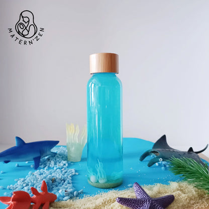 Acheter bouteille sensorielle Montessori thème Mini Monde animaux marins Méduses. Bouteille liquide pour le retour au calme. 