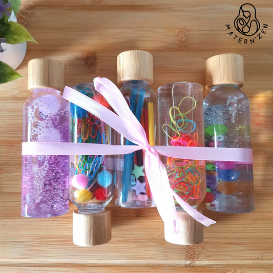 Starter pack of 3 liquid and sound sensory bottle with bamboo cap