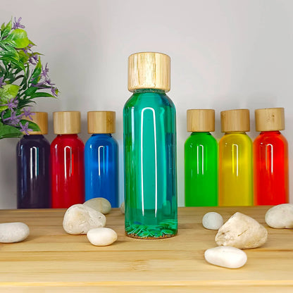 acheter bouteille sensorielle Montessori sequins holographiques pour le retour au calme aqua bouchon en bois de bambou 